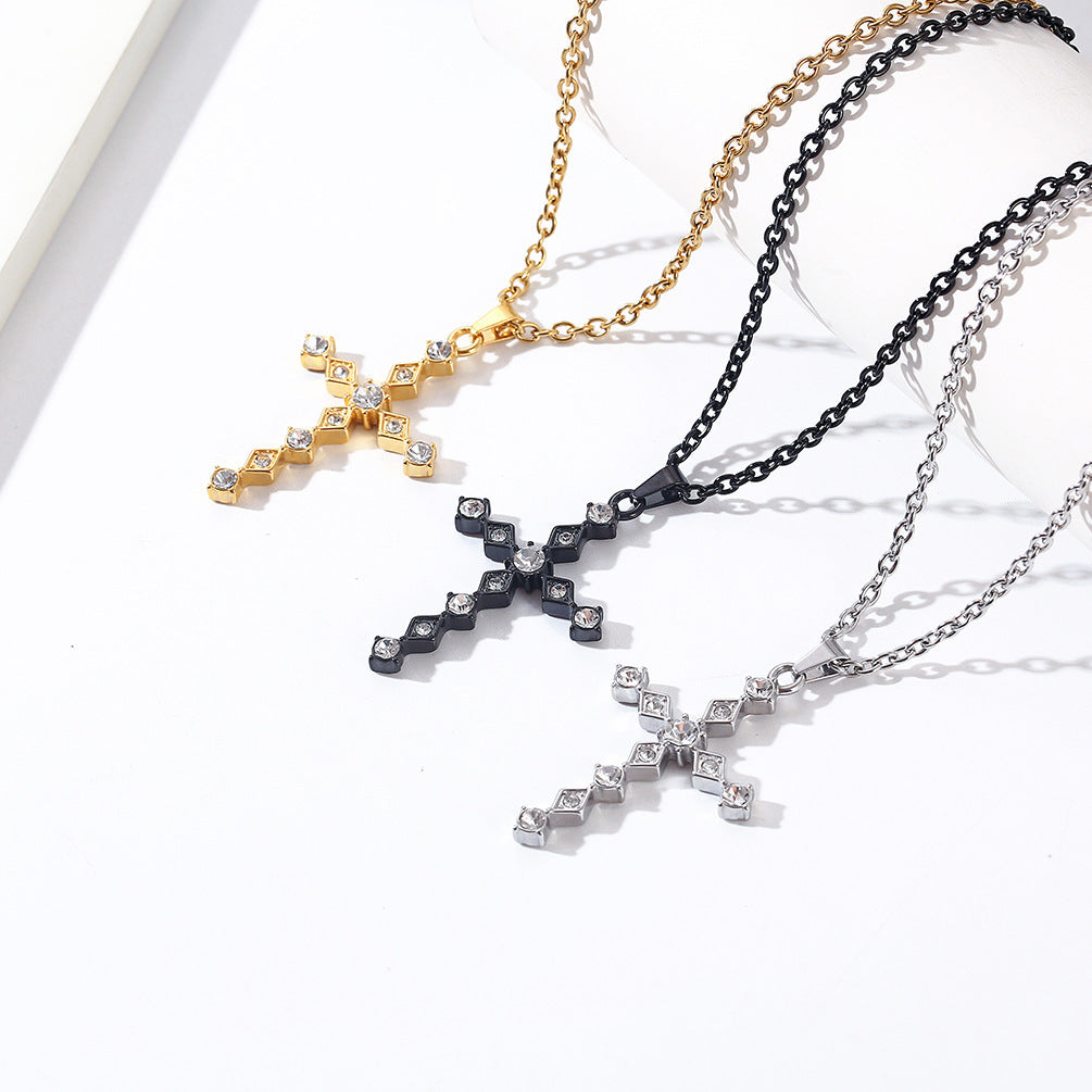 Cross-Border Amazon Light Luxury Zircon Titanium Steel Cross Necklace