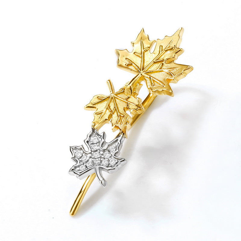 Two Tone Maple Leaf Zircon Asymmetric Sterling Silver Stud Earrings