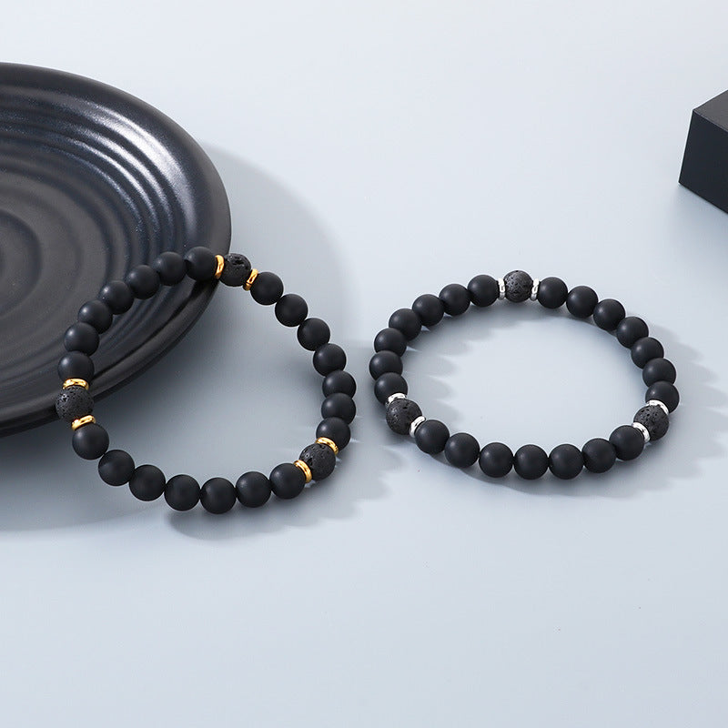 Stainless Steel Bracelet – Punk Volcanic Stone Frosted Black Agate Elastic Rope Handmade