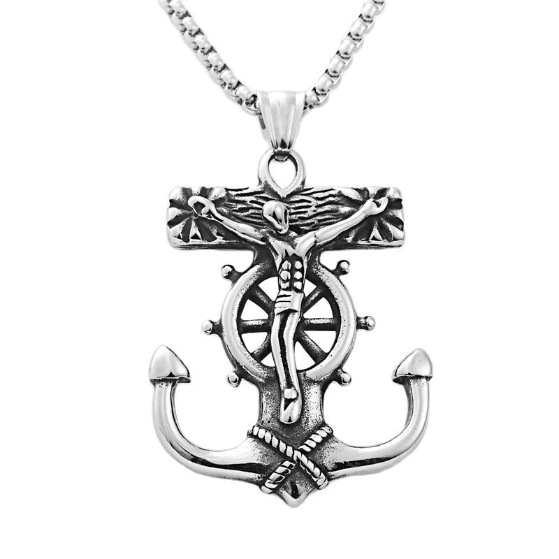 Titanium Steel Anchor Rudder Pendant Necklace for Men - Vintage Punk Style