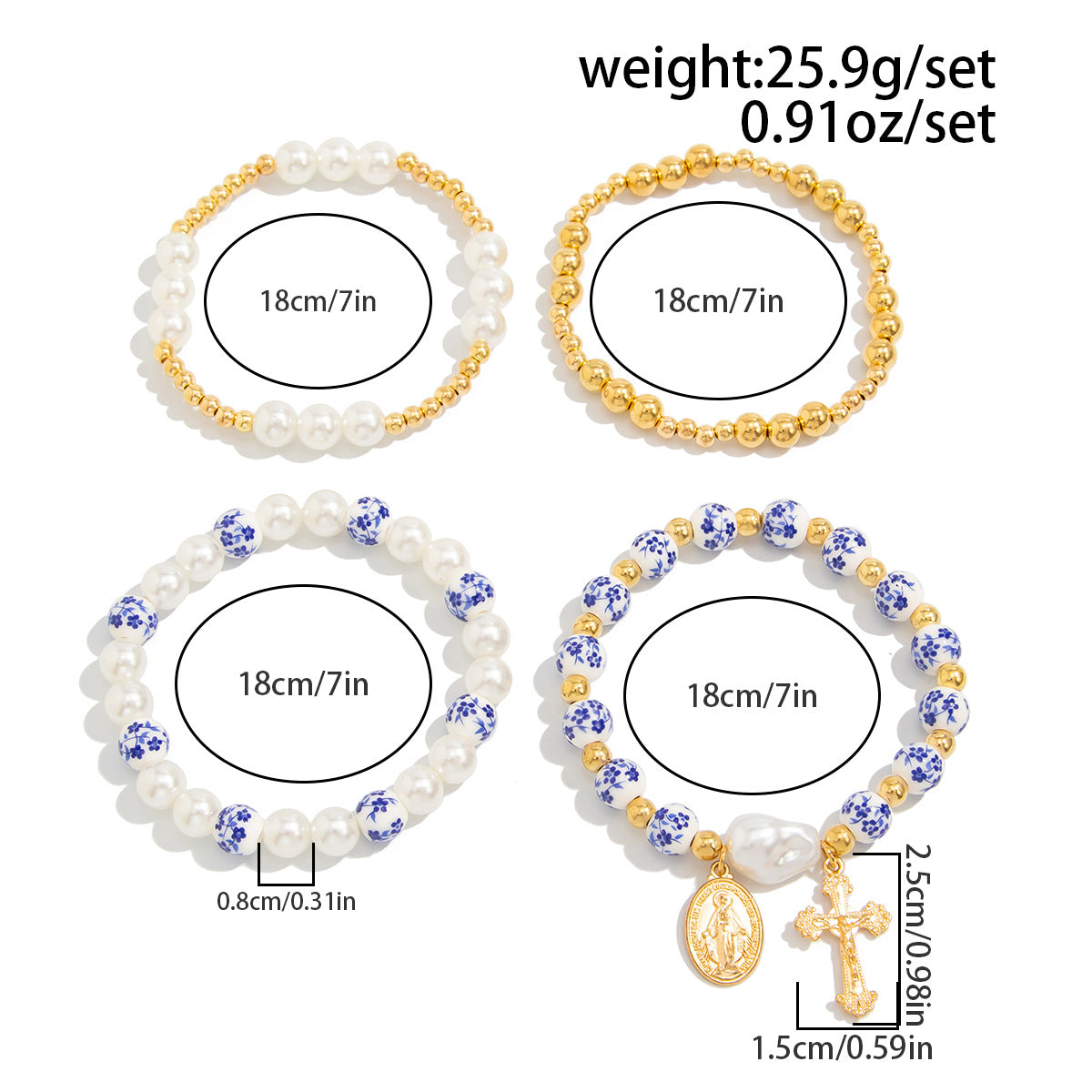 Blue And White Porcelain Beaded Bracelet With Elegant Cross Portrait Pendant For Women By Planderful Vienna Verve
