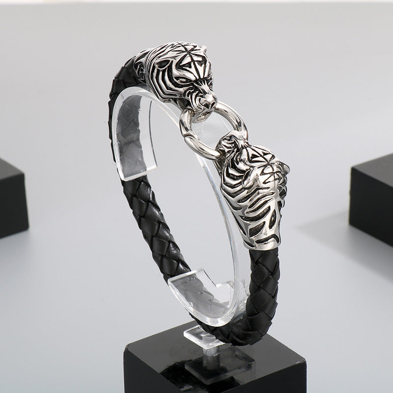Antique Zodiac Leather Rope Bracelet – Leader Tiger Head Anchor Titanium Steel Men's Leather