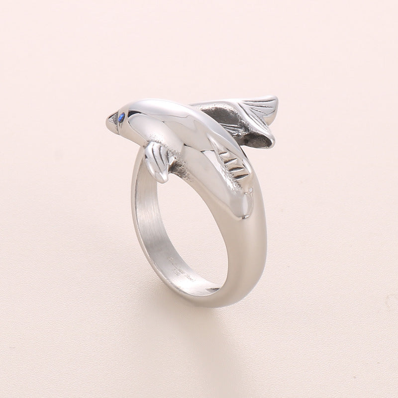 Trendy Men's Blue Eyed Dolphin Ring - Creative Stainless Steel Small Animal Ring for Friends