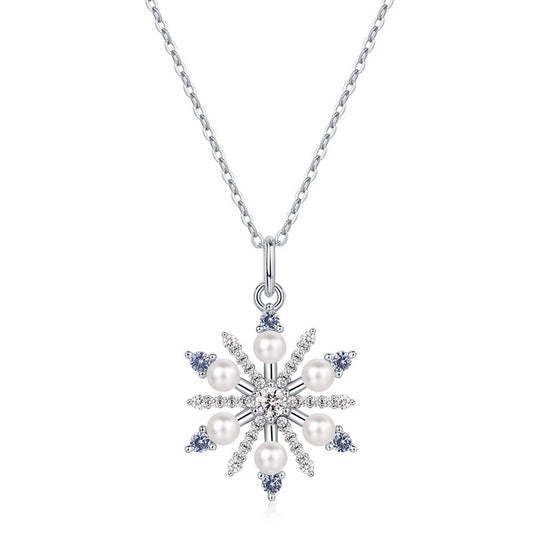 Christmas Pearl and Zircon Snowflake Pendant Sterling Silver Necklace