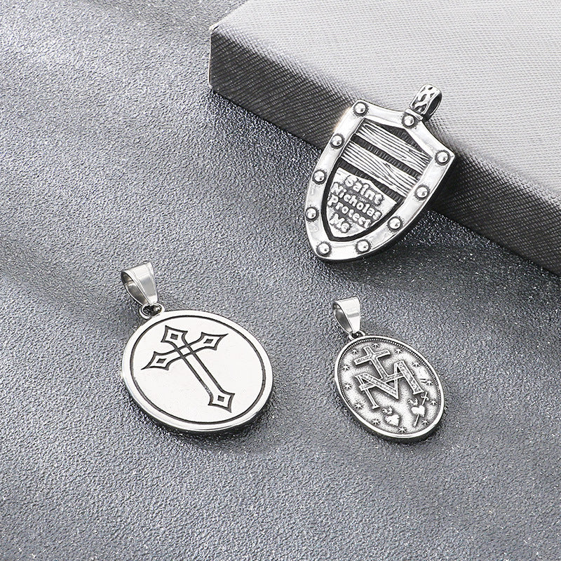 Double Sided Totem Guardian Charm Shield Pendant, Vintage Portrait Cross Sacred Heart Necklace