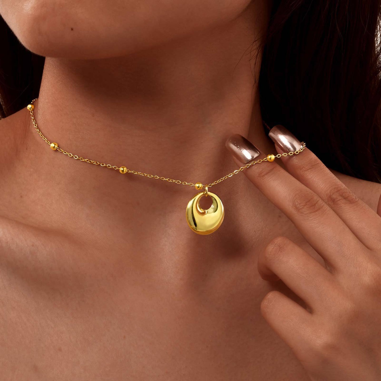Stainless Steel Bead Chain Geometric Pendant Necklace Gold Collarbone Chain