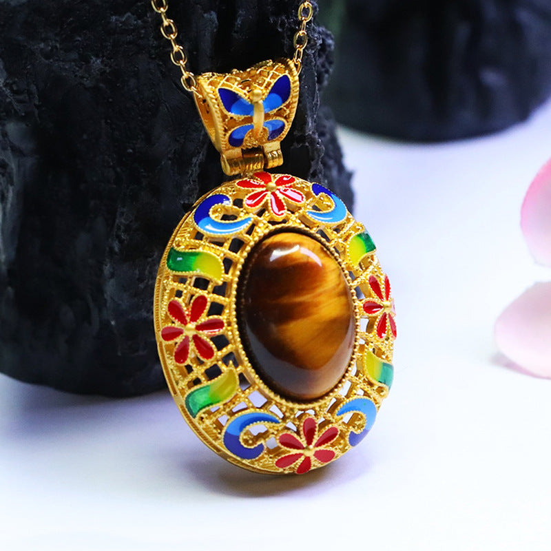 Yellow Tiger Eye Enamel Petal Pendant — No Chain