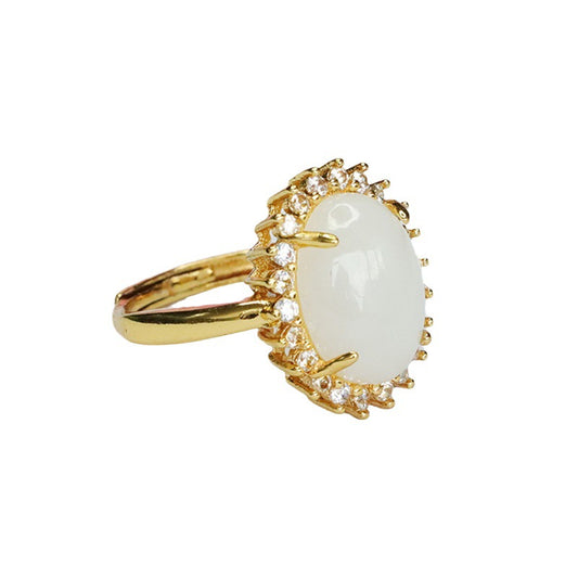 Exquisite Oval White Jade Ring with Zircon Halo