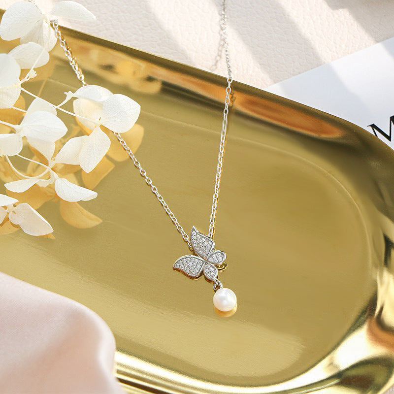 Sterling Silver Freshwater Pearl Butterfly Necklace