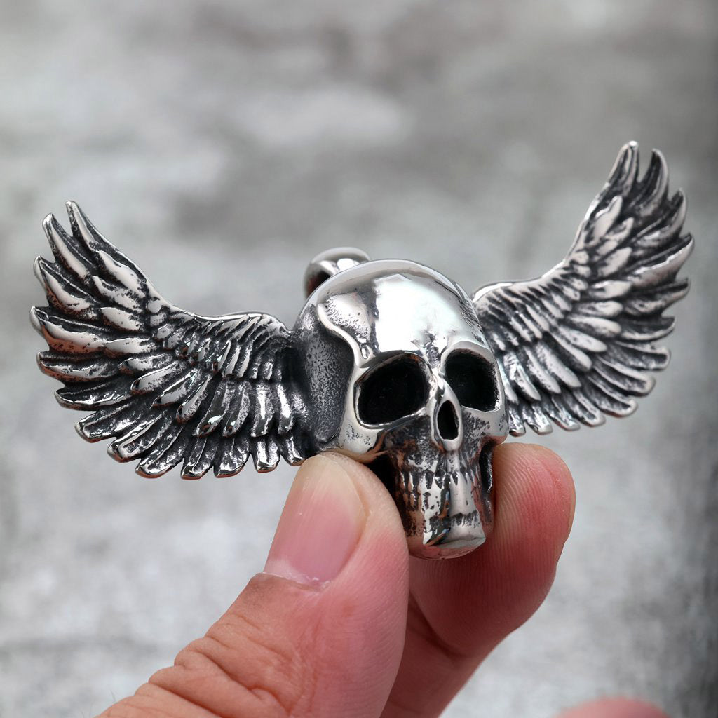 Planderful Unisex 3D Skull Wing Pendant Necklace in Retro Stainless Steel Everyday Genie Edition
