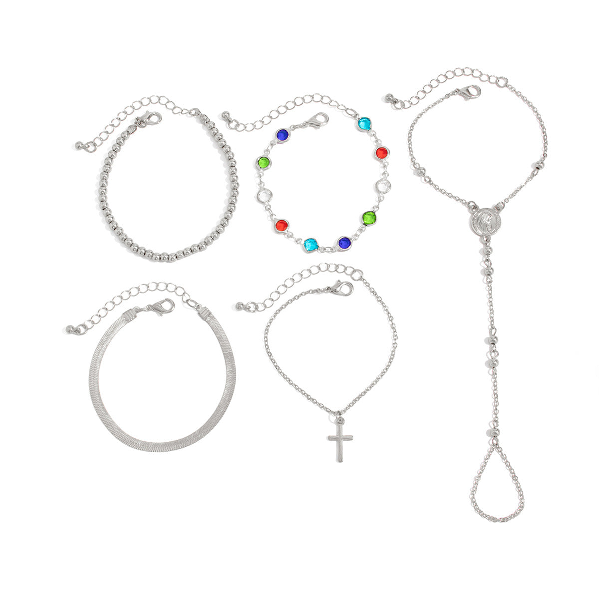 Planderful Vienna Verve Crystal Beaded Finger Bracelet Set Personalized Cross Pendant For Women Stacked Hand Jewelry