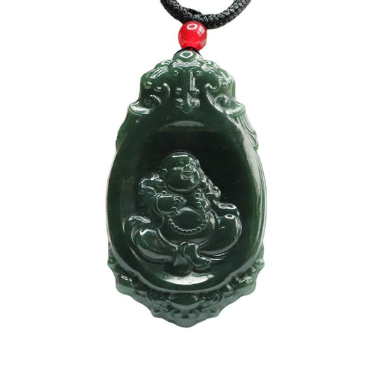 Natural Hotan Jade Jade Pendant Dark Green Oval Buddha Pendant Jewelry
