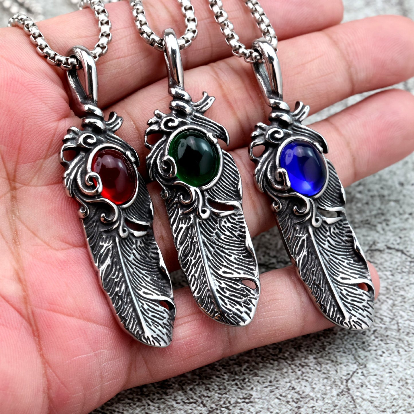 Planderful Pendant For Him European Retro Style Stainless Steel Feather Inlaid Stone Necklace