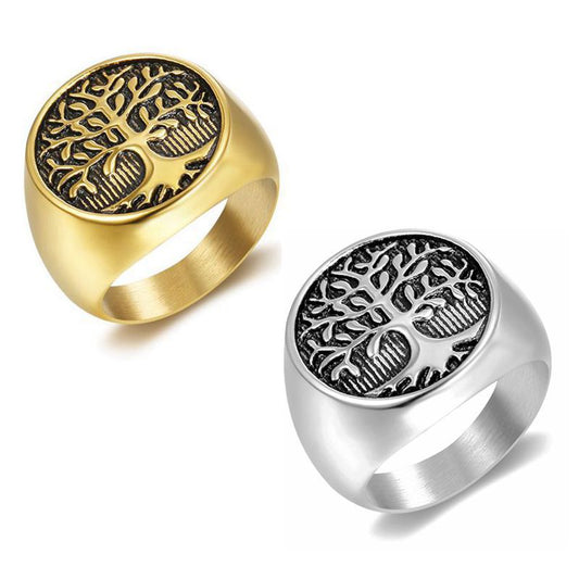 Planderful Tree of Life Ring Hip Hop Style for Men and Unisex Titanium Steel Gold Plated Protection Statement