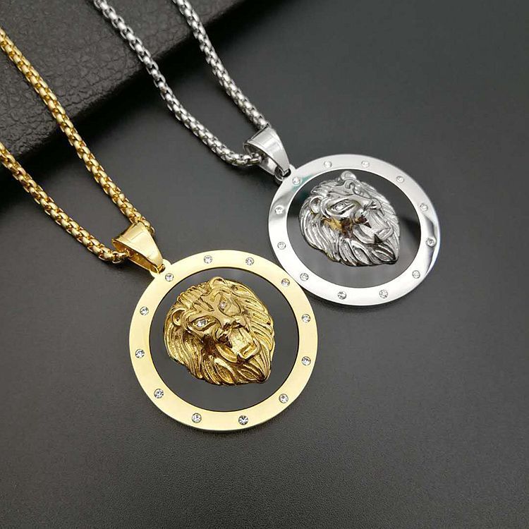 Planderful Lion Head Necklace Zircon Gold Plated Stainless Steel Unisex Hip Hop Style Statement Pendant