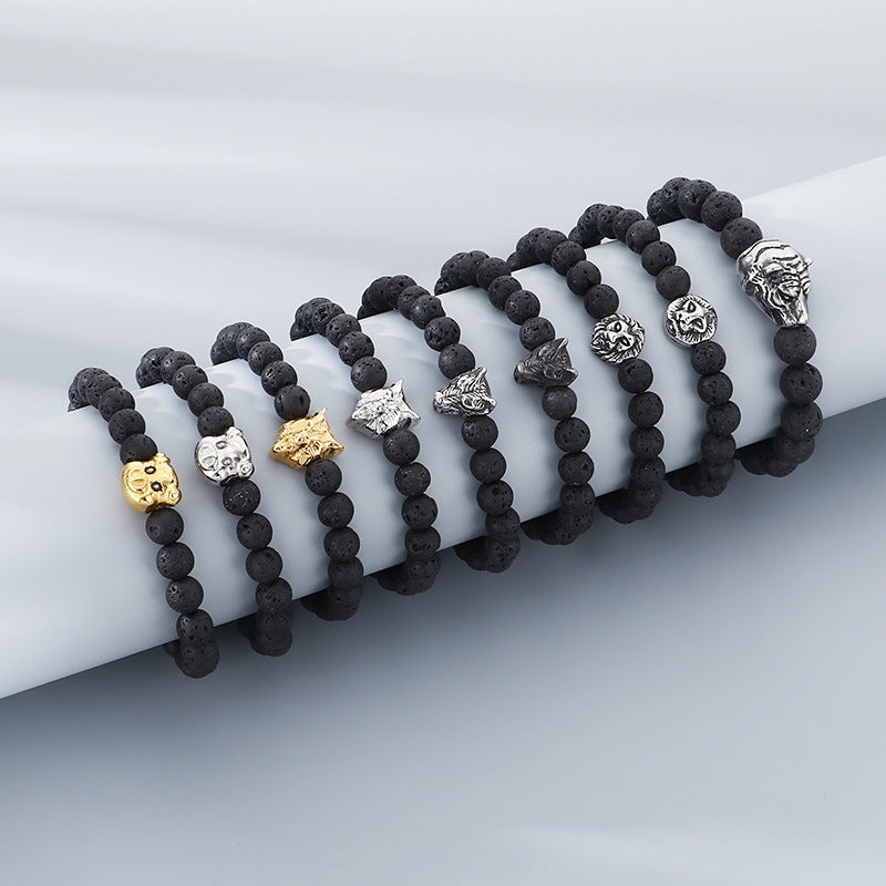 Planderful Lava Stone Beaded Bracelet For Men Animal Head