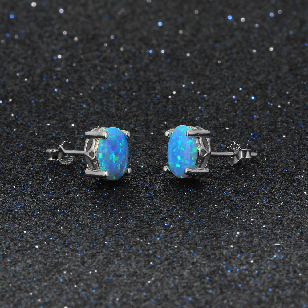 Planderful Jewelry S925 Silver Opal Stud Earrings Four Claw Oval Blue Opal Elegant Everyday Genie