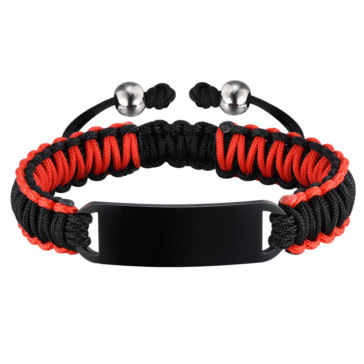 Men's Stainless Steel Curved Red & Black Nylon Rope Woven Adjustable Hand Rope Bracelet