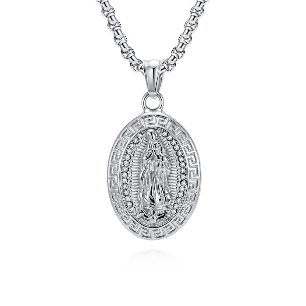 Planderful Virgin Mary Oval Pendant Necklace Titanium Steel Unisex Jewelry European Retro Relief Portrait