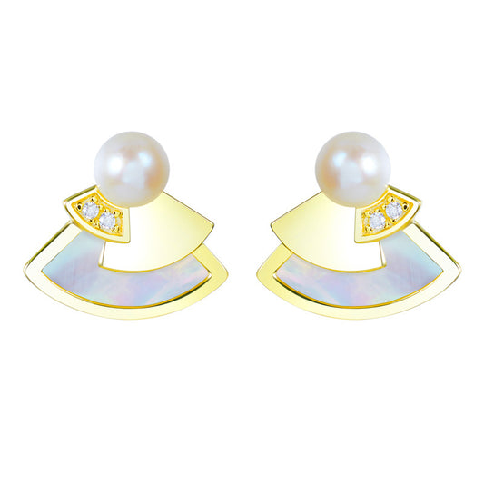 Mother of Pearl Fan Design Pearl Zircon Sterling Silver Stud Earrings