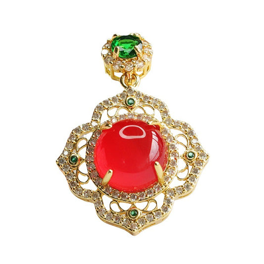 Circular Red Agate Vintage Zircon Petal Necklace