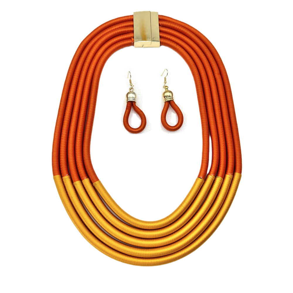 Exaggerated Multilayer Braided Necklace and Earrings Set - Savanna Rhythms
