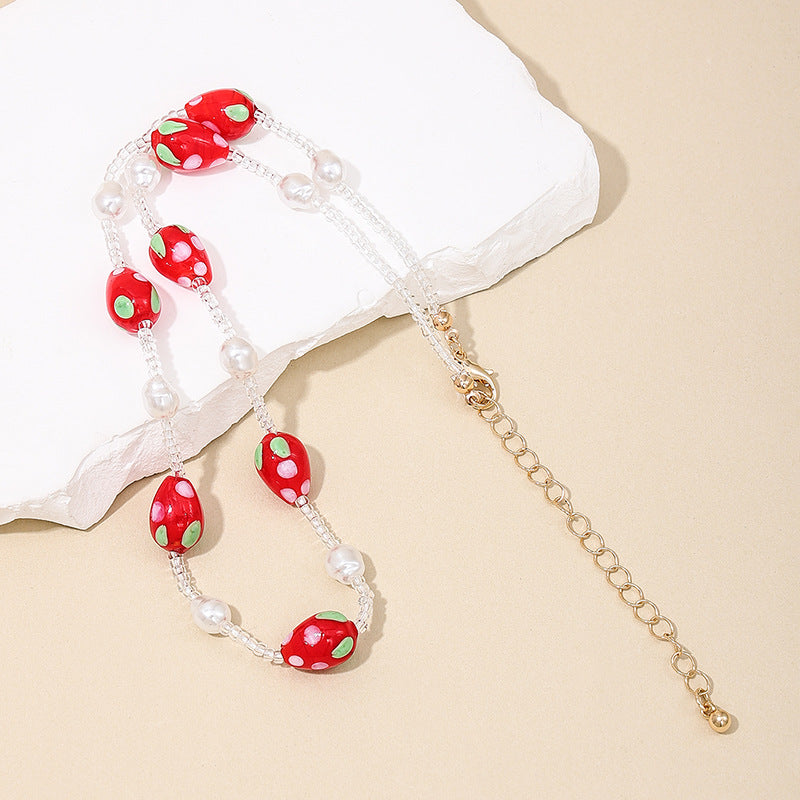 Sweet Strawberry Heart Necklace with Pearl Detail