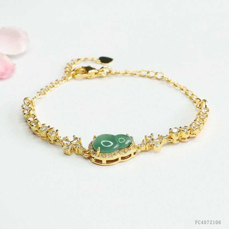 Blue Water Jadeite Four-Petal Flower & Gourd Bracelet