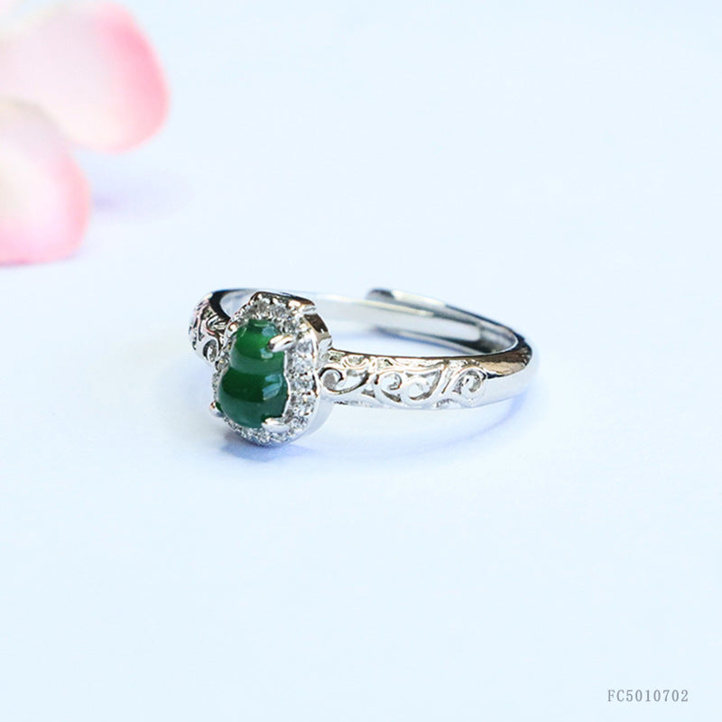 Green Jadeite Gourd Ruyi Openwork Ring