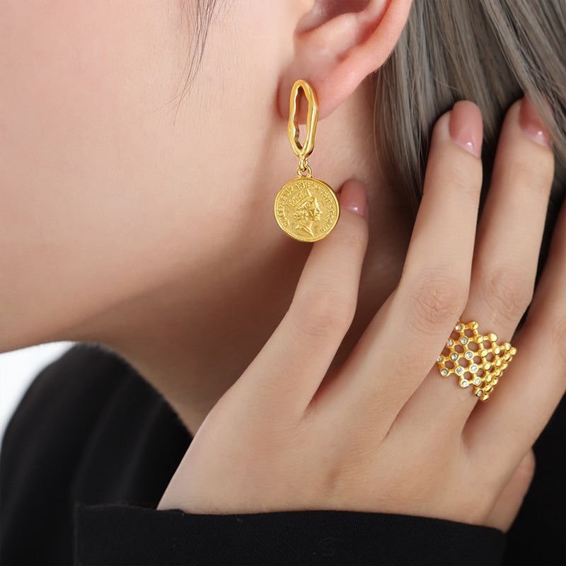 Luxurious French-inspired Geometric Gold Coin Pendant Earrings