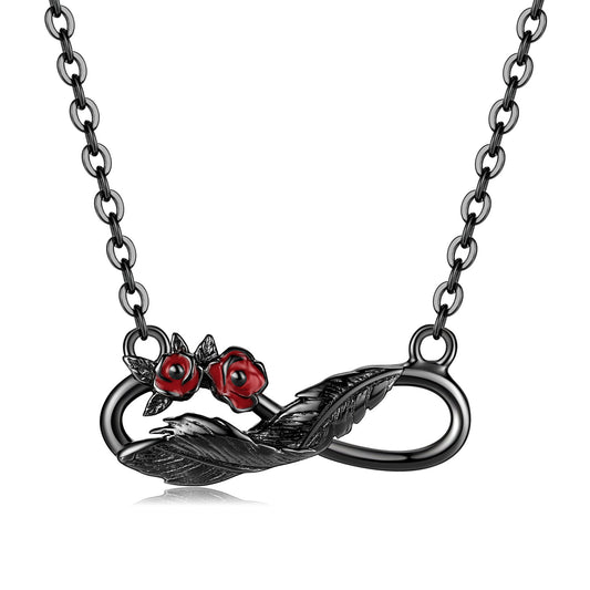 Feather and Rose Infinite Symbol Pendant Silver Necklace