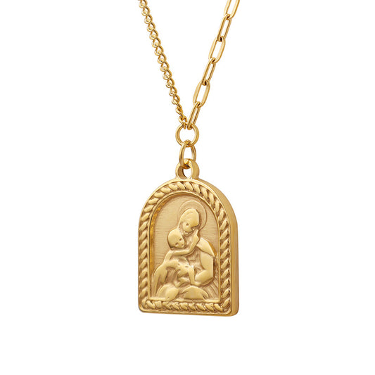 Luxurious Titanium Steel Gold-Plated Portrait Pendant Necklace - Exquisite Design for Elegant Women