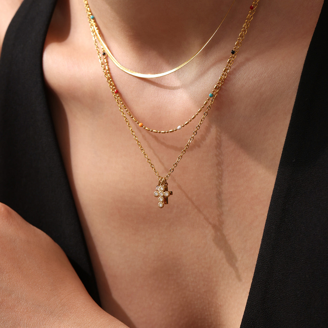 Planderful Zircon Cross Clavicle Necklace Multi Layer Women