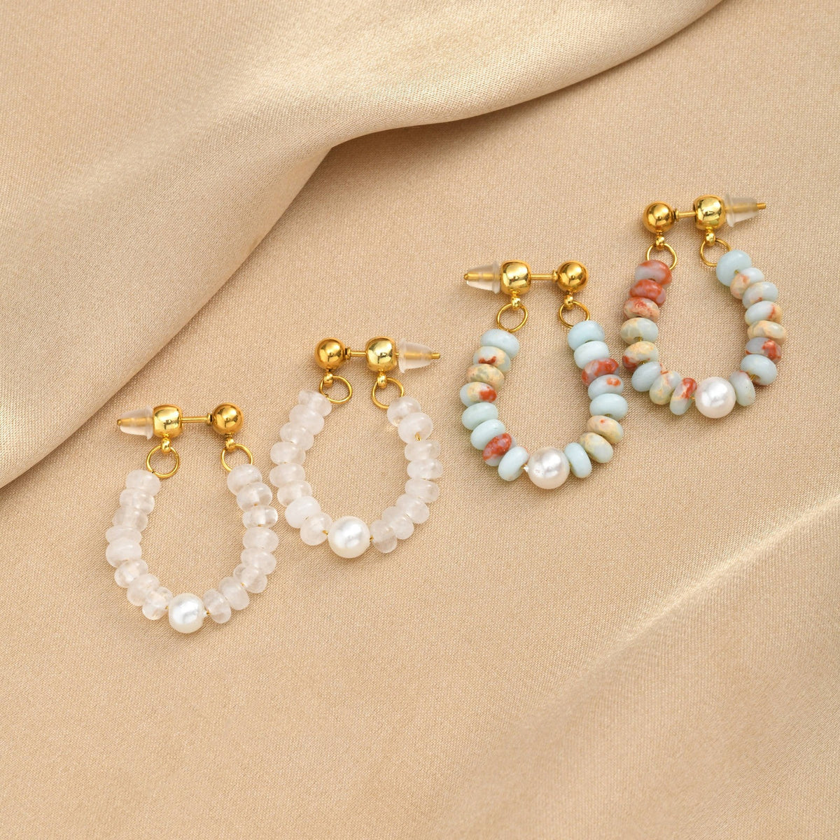 Aqua Stone Bead & Pearl Loop Drop Earrings