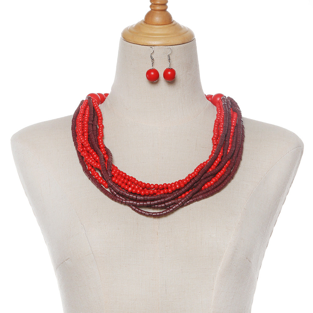 Exquisite Ethnic Style Wooden Bead Necklace with Vibrant Colors - Handmade Boho Jewelry Set