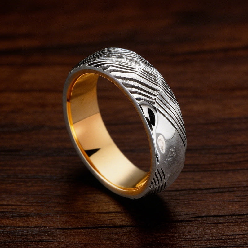 Trendy Retro Wavy Ring, Damascus Leather Steel Ring Stainless Steel Men's