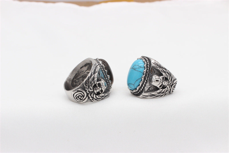 Planderful Tigers Eye Skull Ring Titanium Steel Unisex Oval Stone For Protection And Retro Style
