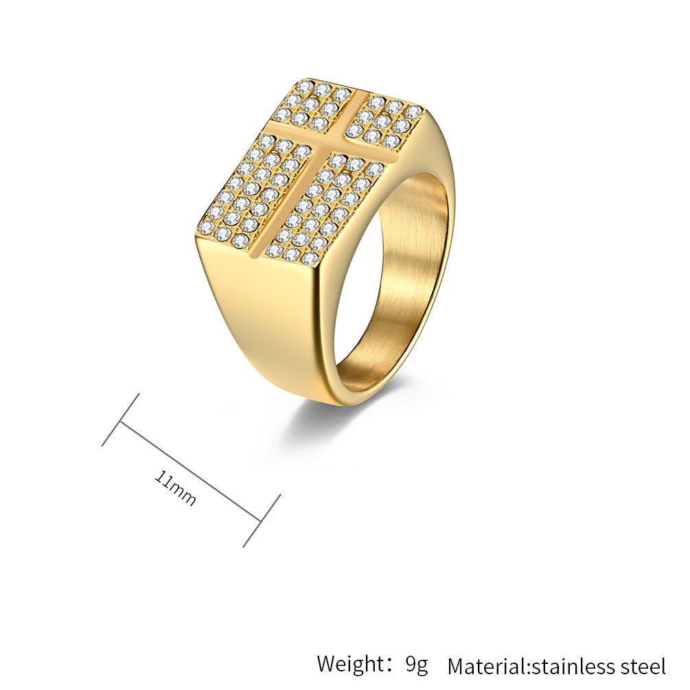 Planderful Zircon Cross Ring For Men Titanium Steel Gold Plated Light Luxury Street Style