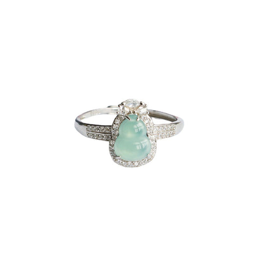 Sterling Silver Adjustable Ice Blue Green Jade Ring with Zircon Halo
