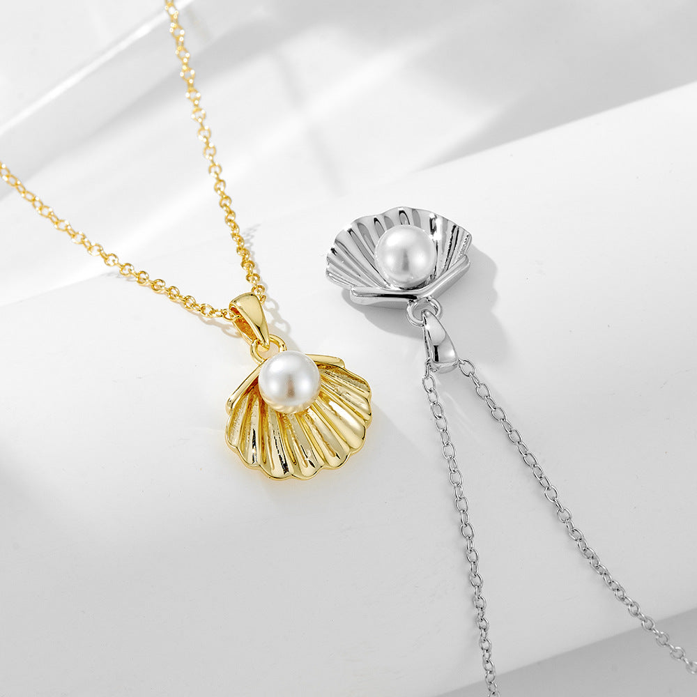 S925 Sterling Silver Plated 14K Gold Pearl Shell Necklace