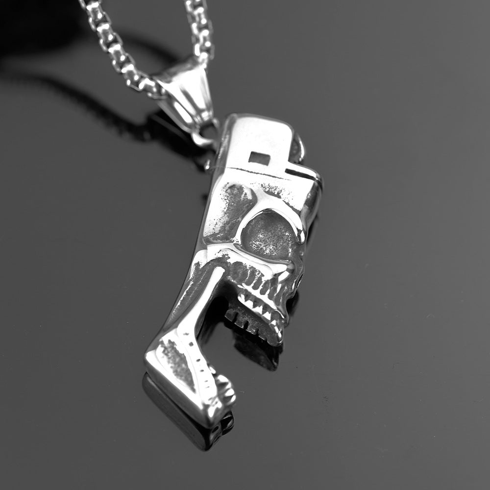 Vintage Stainless Steel Men's Pendant Personalized Punk Skull Lighter Necklace