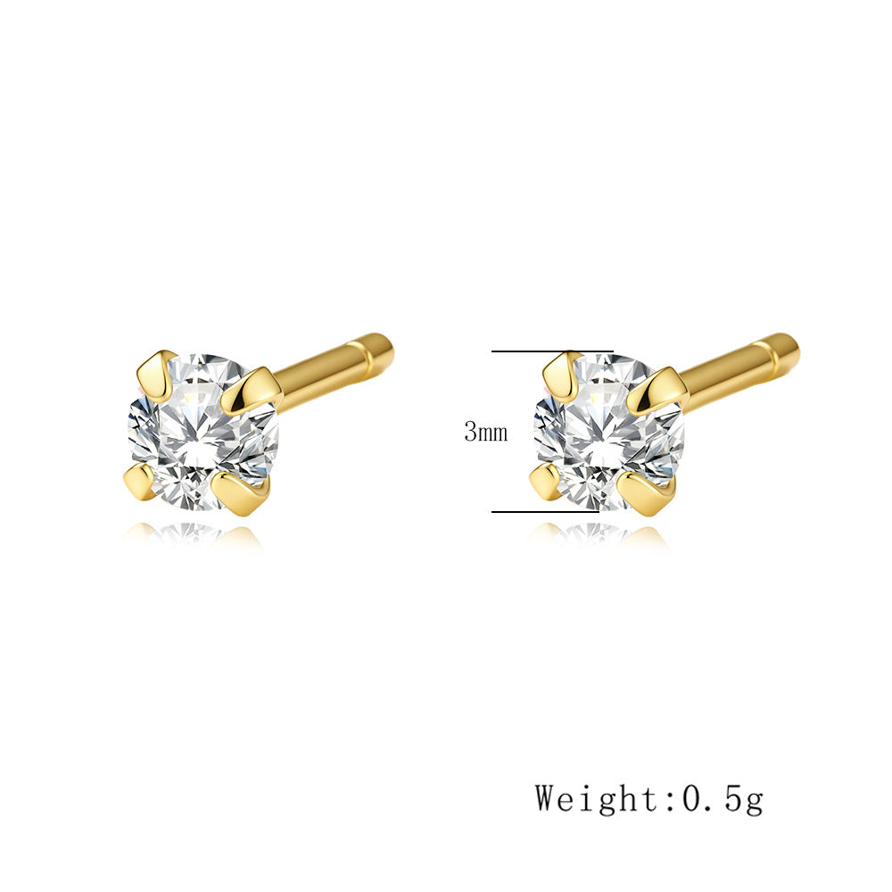 925 Sterling Silver Four-Claw 3mm Zircon Mini Small Stud Earrings, And Round Ear