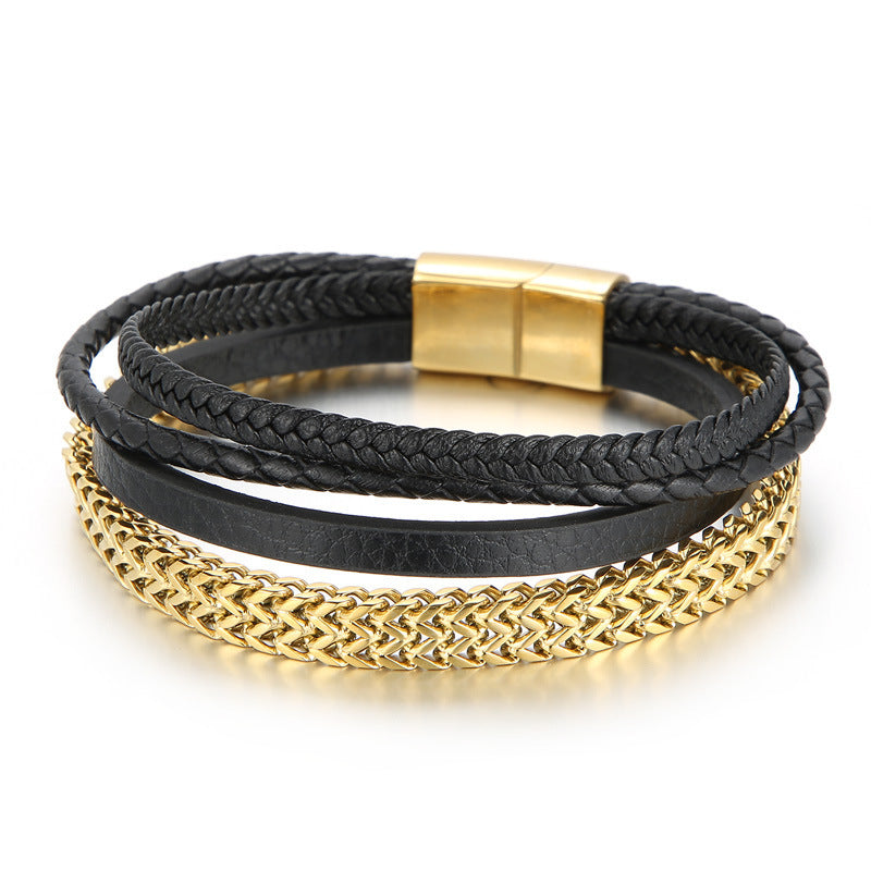 Planderful Men Titanium Steel Chain Cowhide Bracelet Genie