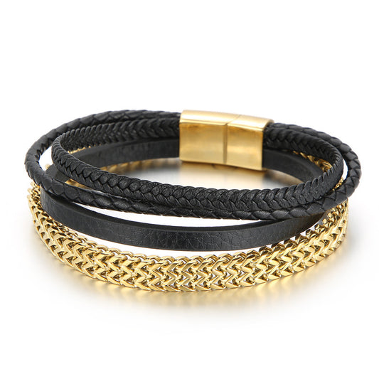 Planderful Men Titanium Steel Chain Cowhide Bracelet Genie