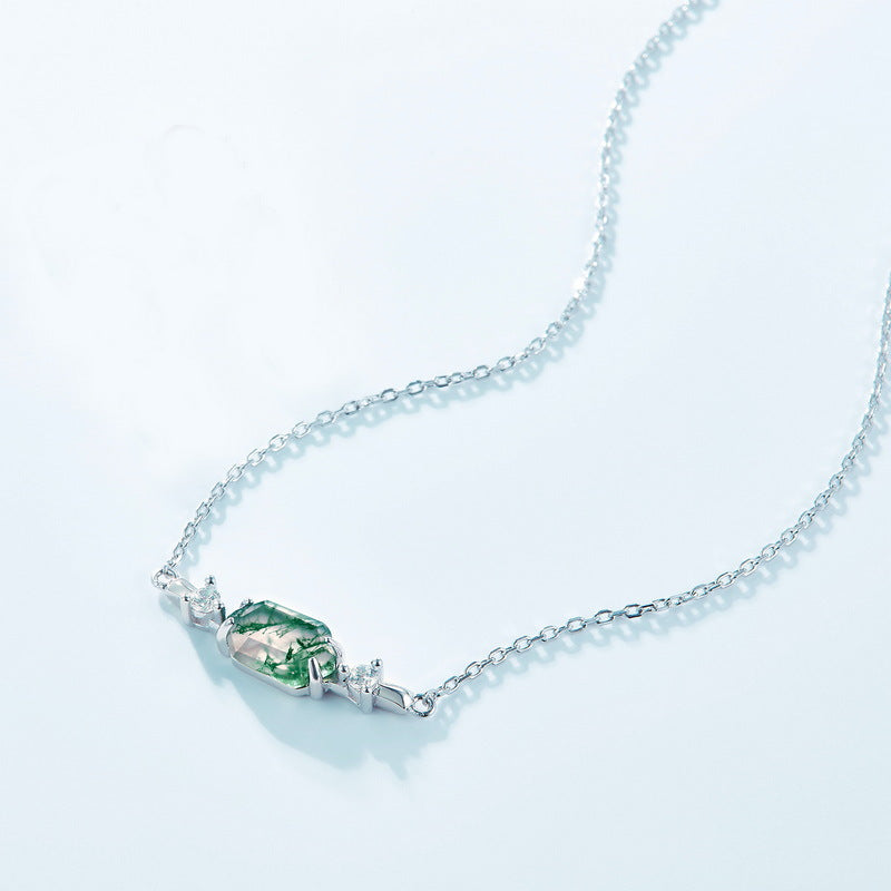 S925 Sterling Silver Moss Agate Geometric Pendant Necklace