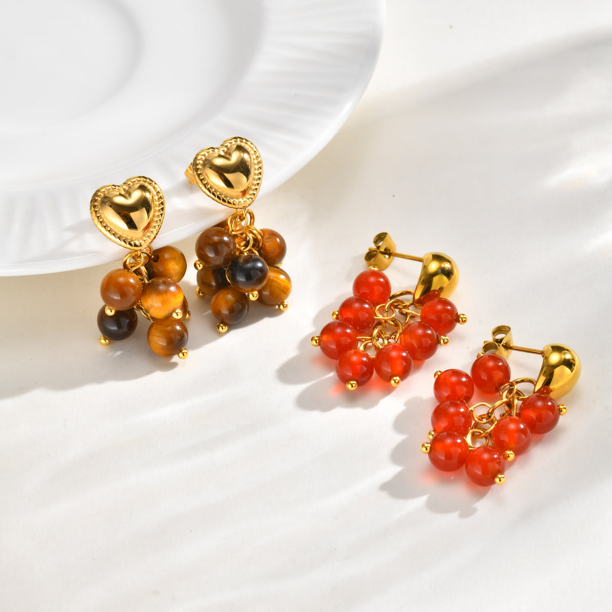 Stainless Steel Tiger's Eye Heart Earrings