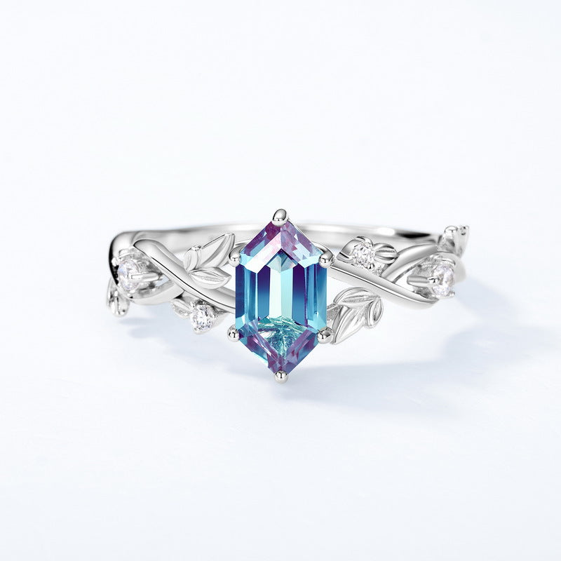 Planderful Jewelry Alexandrite Ring in Sterling Silver Geometric Leaf Design for Everyday Elegance