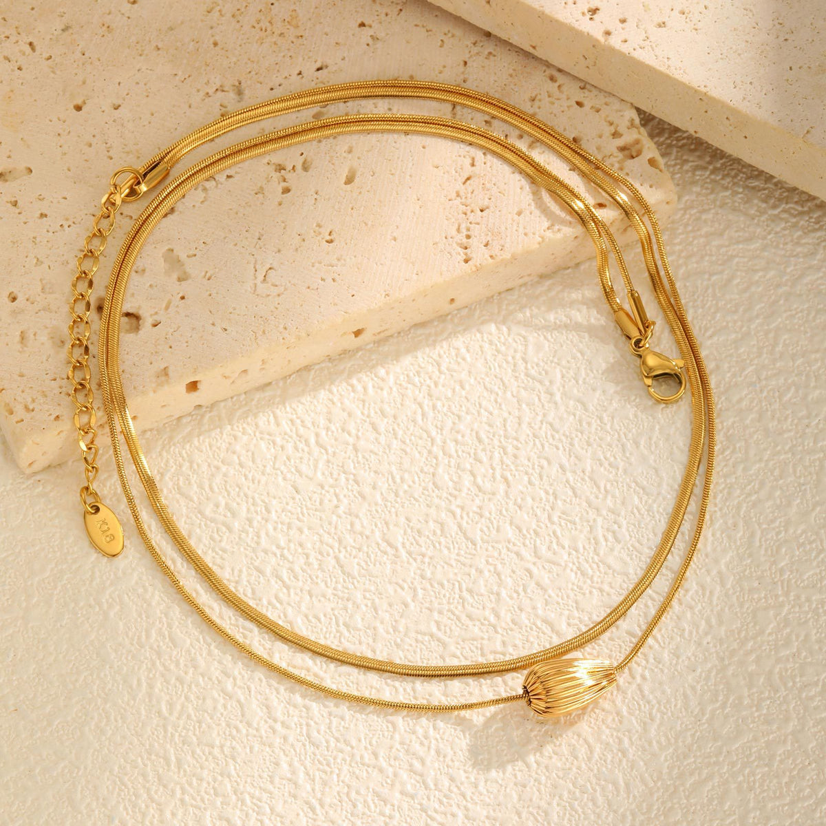 Stainless Steel Strip Gold-Plated Pattern Water Drop Bead Spacer Double Layer Stacked Necklace