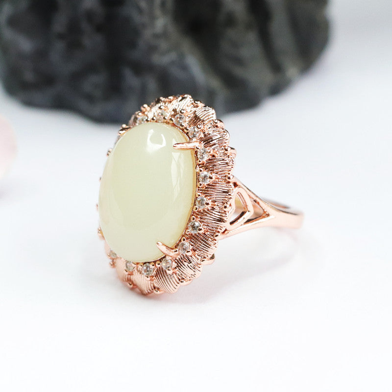 Zircon Rose Gold Ring with Natural Hotan Jade Edge and Petals