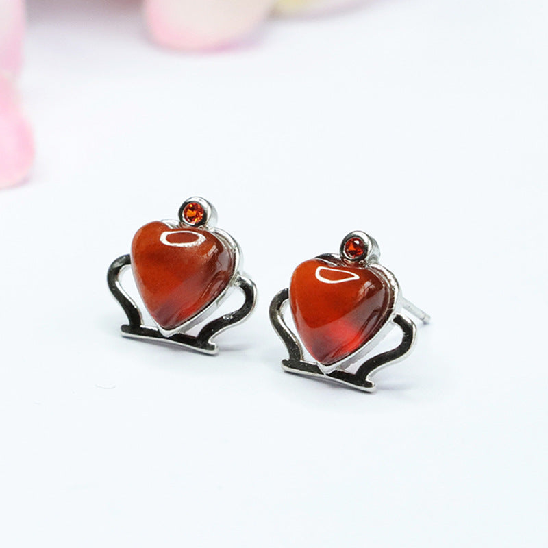 Orange Garnet Heart Crown 925 Silver Stud Earrings